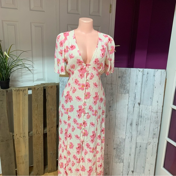 Zara Pink Button Front Midi Floral Dress Sz L - Picture 4 of 9